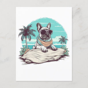 Cartão Postal Buldogue francês com óculos de sol na praia