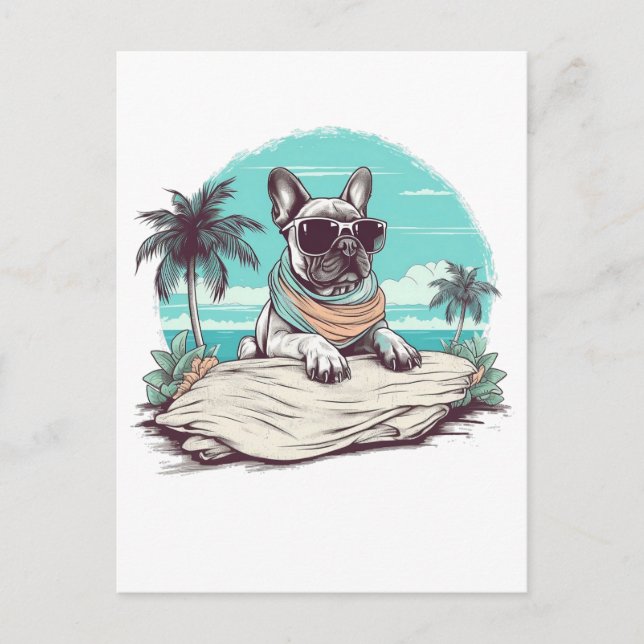 Cartão Postal Buldogue francês com óculos de sol na praia (Frente)