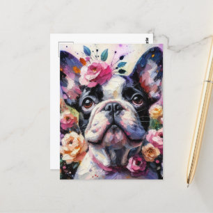 Cartão Postal Buldogue francês com pintura impressionista Rosa