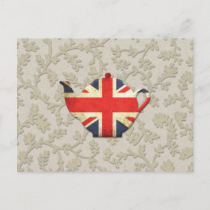 Cartão Postal Bule de chá com bandeira do Union Jack em estilo c
