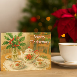 Cartão Postal Bule de chá Poinsettia Vermelho de Natal