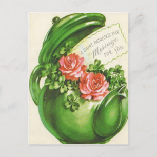 Cartão Postal Bule de Chá Verde Rosa Trevo Dia de São Patrício
