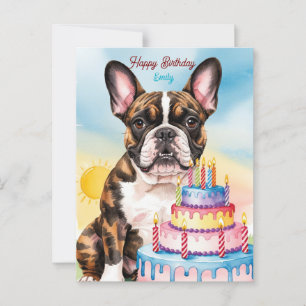 Cartão Postal Bulldog Francês com bolo de aniversário