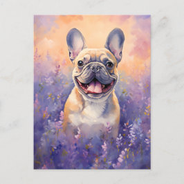 Cartão Postal Bulldog Francês em campo de Lavanda