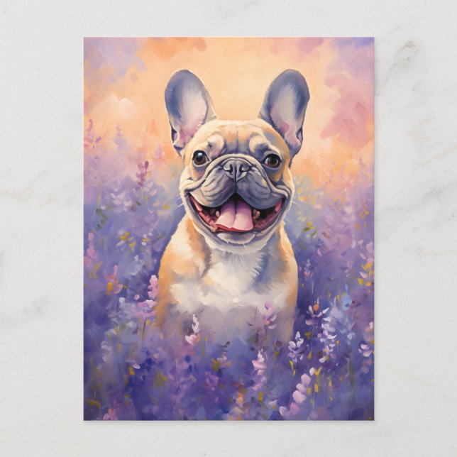 Cartão Postal Bulldog Francês em campo de Lavanda (Frente)