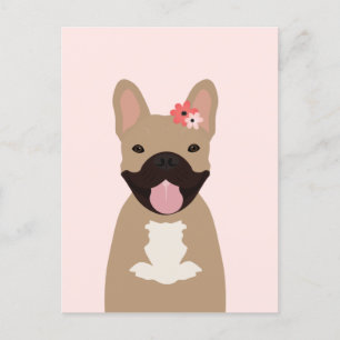 Cartão Postal Bulldog Francês Sorrindo Flores Rosa