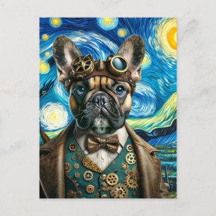 Cartão Postal Bulldog Francês Steampunk na Noite Estrelada