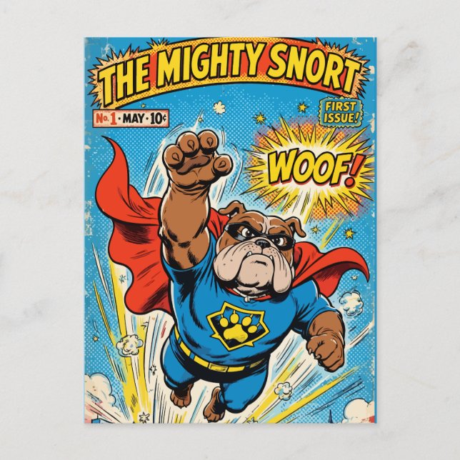 Cartão Postal Bulldog Superhero Flying with Cape (Frente)
