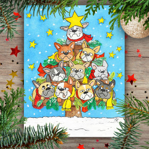 Cartão Postal Bulldogs Franceses Árvore de Natal