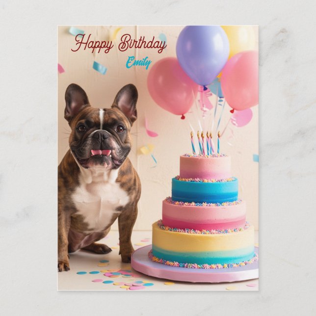 Cartão Postal Bulldogue Francês com bolo de aniversário (Frente)
