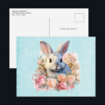 Cartão Postal Bunny with a Garland of Roses Cute<br><div class="desc">A postcard with a watercolor image. A white gray bunny rabbit surrounded by a garland of pink and peach roses. For bunny lovers and Easter themes and birthdays and showers.</div>