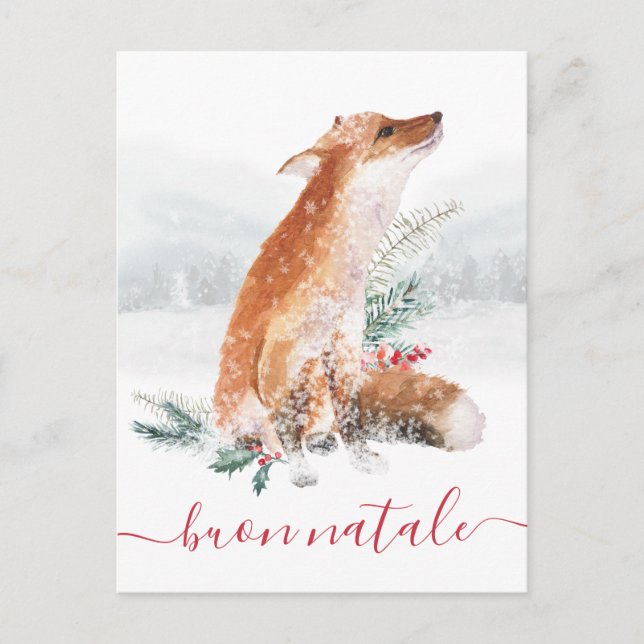 Cartão Postal Buon Natale Volpe Rossa Scena di Bosco Invernale (Frente)