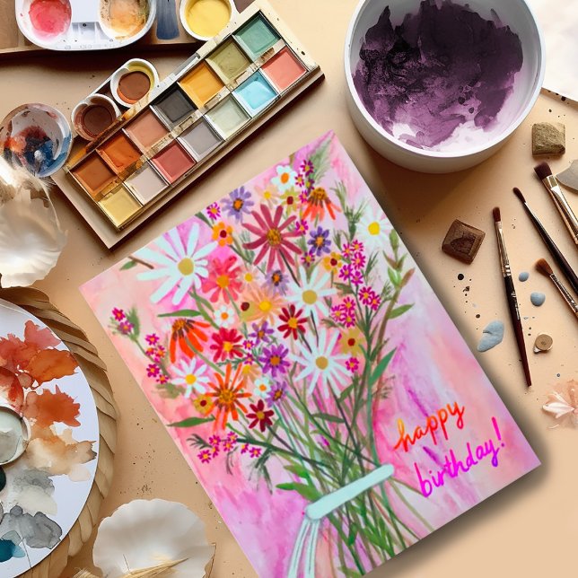 Cartão Postal Buquê Colorido de Margaridas Feliz Aniversário (Beautiful watercolor bouquet birthday card postcard. Customize with your own text)