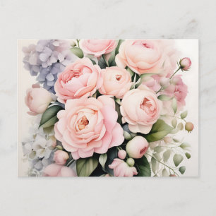 Cartão Postal Buquê de Aquarela Suave com Peonies Rosas
