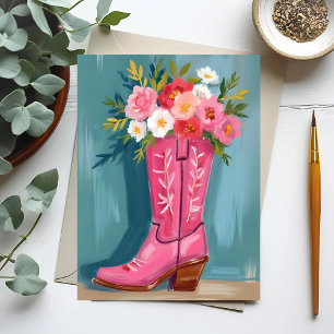 Cartão Postal Buquê de Flores de Bota de Cowgirl Rosa Aquarela