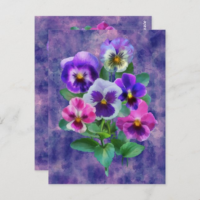 Cartão Postal Buquê de Flores de Pansy Violets OBRIGADO (Frente/Verso)