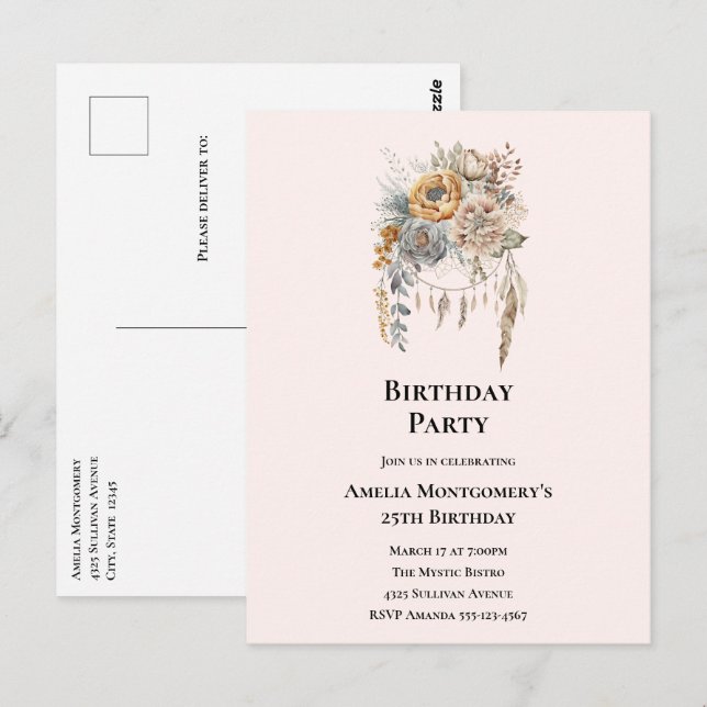 Cartão Postal Buquê de Flores Elegantes com Aniversário de Dream (Frente/Verso)