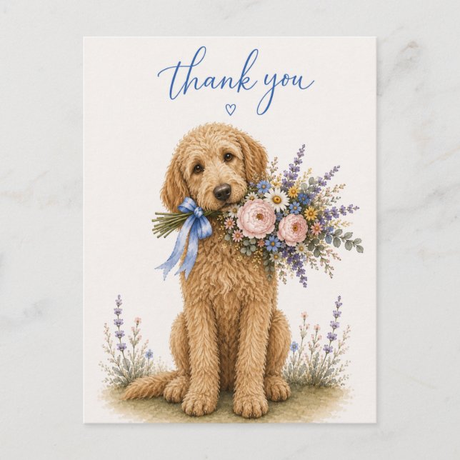 Cartão Postal Buquê de Flores Labradoodle Obrigado (Frente)