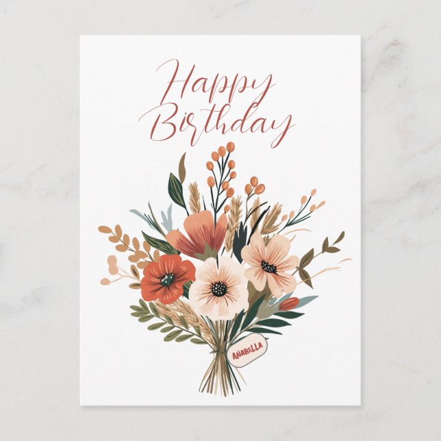 Cartão Postal Buquê de Flores Nome Personalizado Feliz Aniversár (Frente)