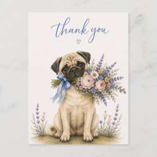 Cartão Postal Buquê de Flores Pug Obrigado