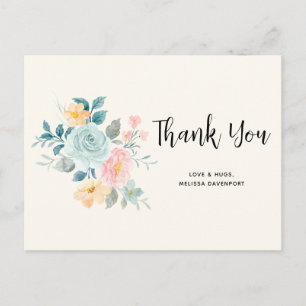 Cartão Postal Buquê de Flores Rosa e Azul Elegante - Obrigado