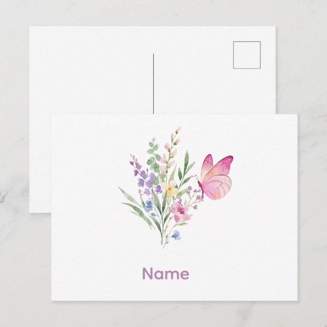 Cartão Postal Buquê de Flores Silvestres em Aquarela com Borbole (Frente/Verso)