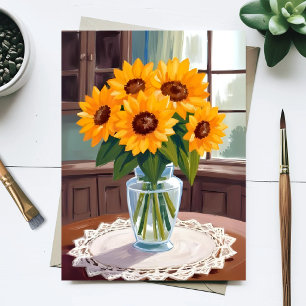 Cartão Postal Buquê de Girassóis Aquarela Floral Amarelo Pintado