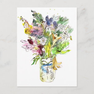 Cartão Postal Buquê de Jardim de Verão em Aquarela e Tinta