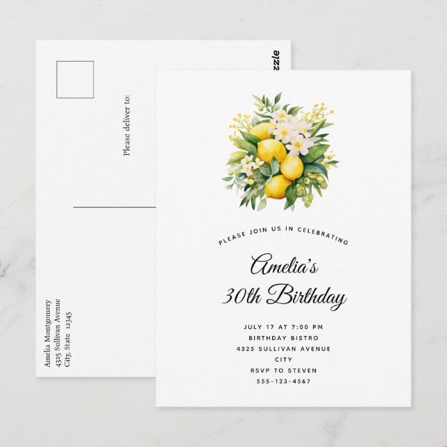 Cartão Postal Buquê de limão com aniversário de flores brancas (Frente/Verso)