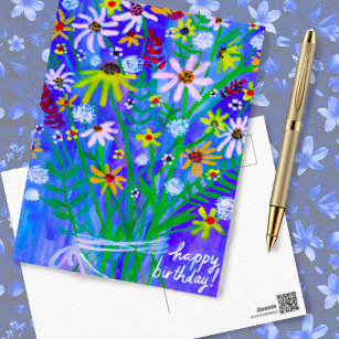 Cartão Postal Buquê de Margarida Colorida Azul Feliz Aniversário