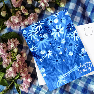 Cartão Postal Buquê de Margaridas Coloridas Azul de Aniversário