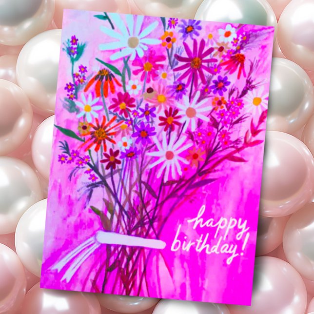 Cartão Postal Buquê de Margaridas Coloridas Feliz Aniversário Ro (Colorful pink purple watercolor hand painted daisy wildflower bouquet custom birthday postcard)