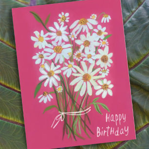 Cartão Postal Buquê de Margaridas Feliz Aniversário Rosa Pintado