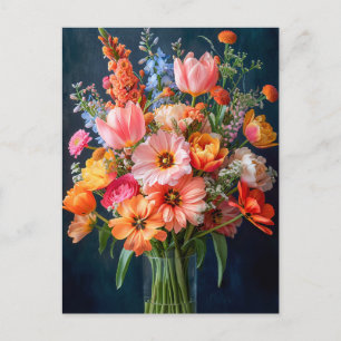 Cartão Postal Buquê de Primavera Brilhante em Vaso de Vidro