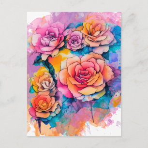 Cartão Postal Buquê de Rosas com Pingos de Tinta em Aquarela Mod