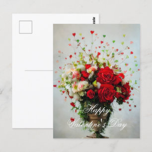 Cartão Postal Buquê de rosas e corações valentine