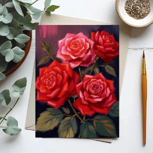 Cartão Postal Buquê de Rosas   Pintura em Aquarela Floral Vermel