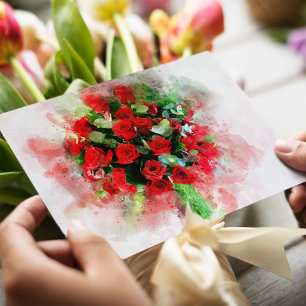 Cartão Postal Buquê de Rosas Vermelhas Aquarela em Fundo Branco