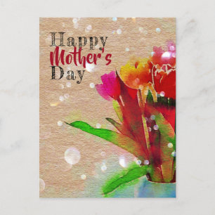 Cartão Postal Buquê de Tulipas de Aquarela Dia de as mães Feliz