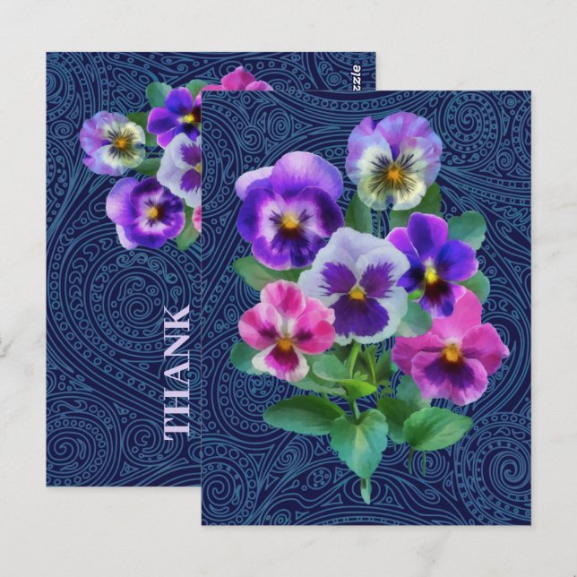Cartão Postal Buquê de Violetas Flores de Amor-perfeito OBRIGADO (Frente/Verso)