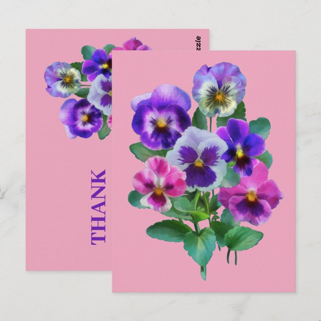 Cartão Postal Buquê de Violetas Flores de Pensamento OBRIGADO (Frente/Verso)