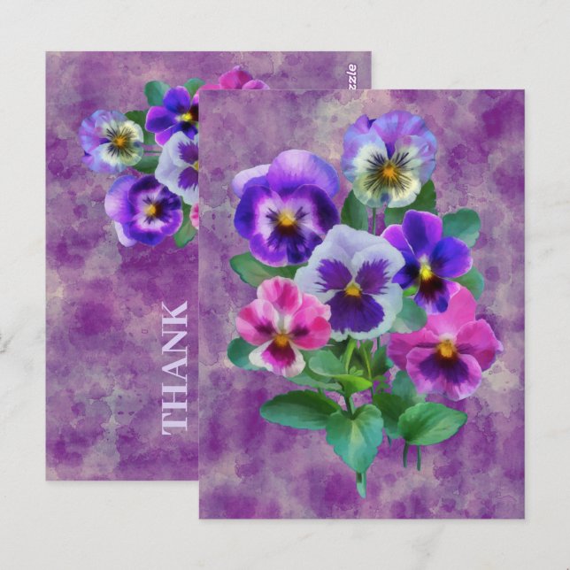 Cartão Postal Buquê de Violetas Flores de Pensamentos OBRIGADO (Frente/Verso)