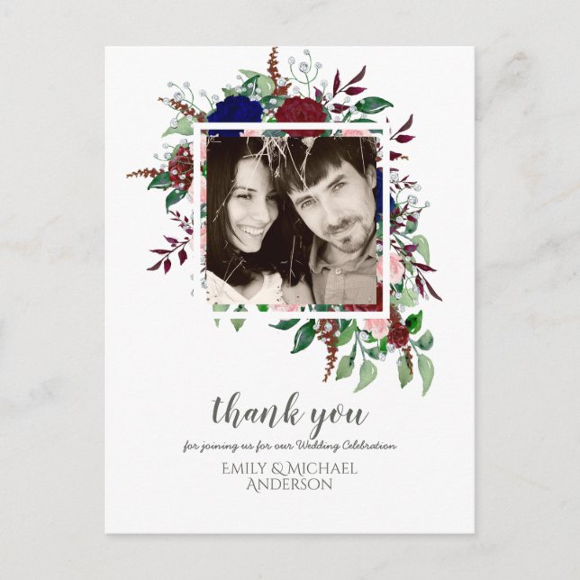 Cartão Postal Buquê Marsala Blue Pink Flowers OBRIGADO (Frente)