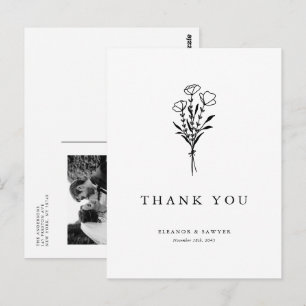 Cartão Postal Buquê Minimalista Preto Foto Casamento Agradecimen