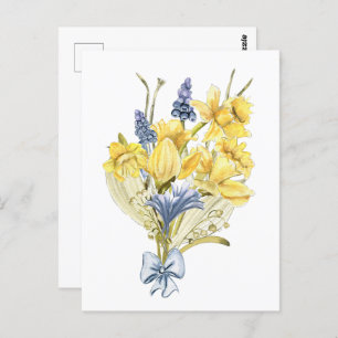Cartão Postal Buquê Primavera de Aquarela com Daffodils Amarelos