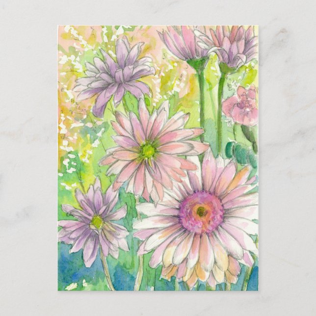 Cartão Postal Buquê Rosa Gerbera Daisy Flowers de Aquarela Arte (Frente)