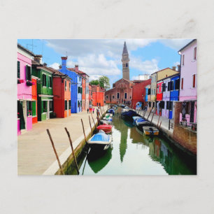 Cartão Postal Burano, Itália Colorida Houses e Canal de Barcos