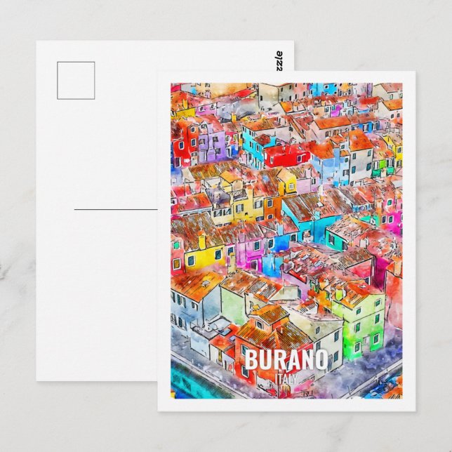 Cartão Postal Burano Itália Local de Viagem Famoso Aquarela (Frente/Verso)