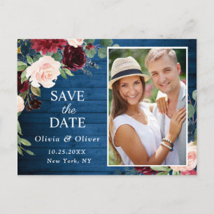 Cartão Postal Burgundy Blue Blush Foto de Casamento Salva a Data