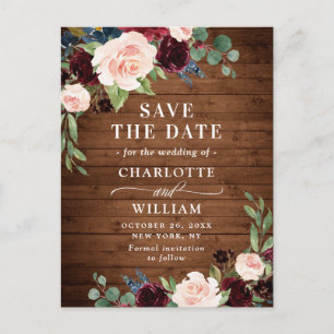 Cartão Postal Burgundy Blue Blush Rustic Weding Date